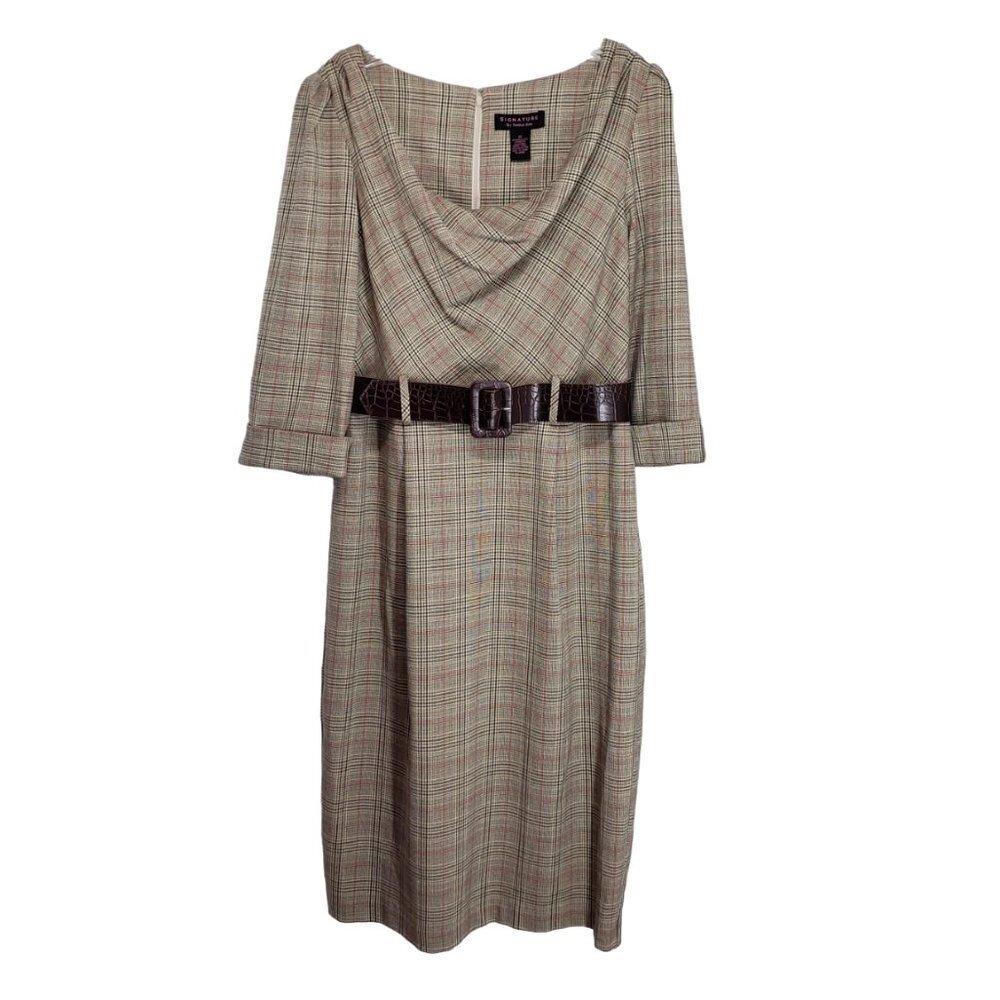 ROBBIE BEE Plaid Belted Drape Neck Dress 12 Tan Red Black Academia Librarian